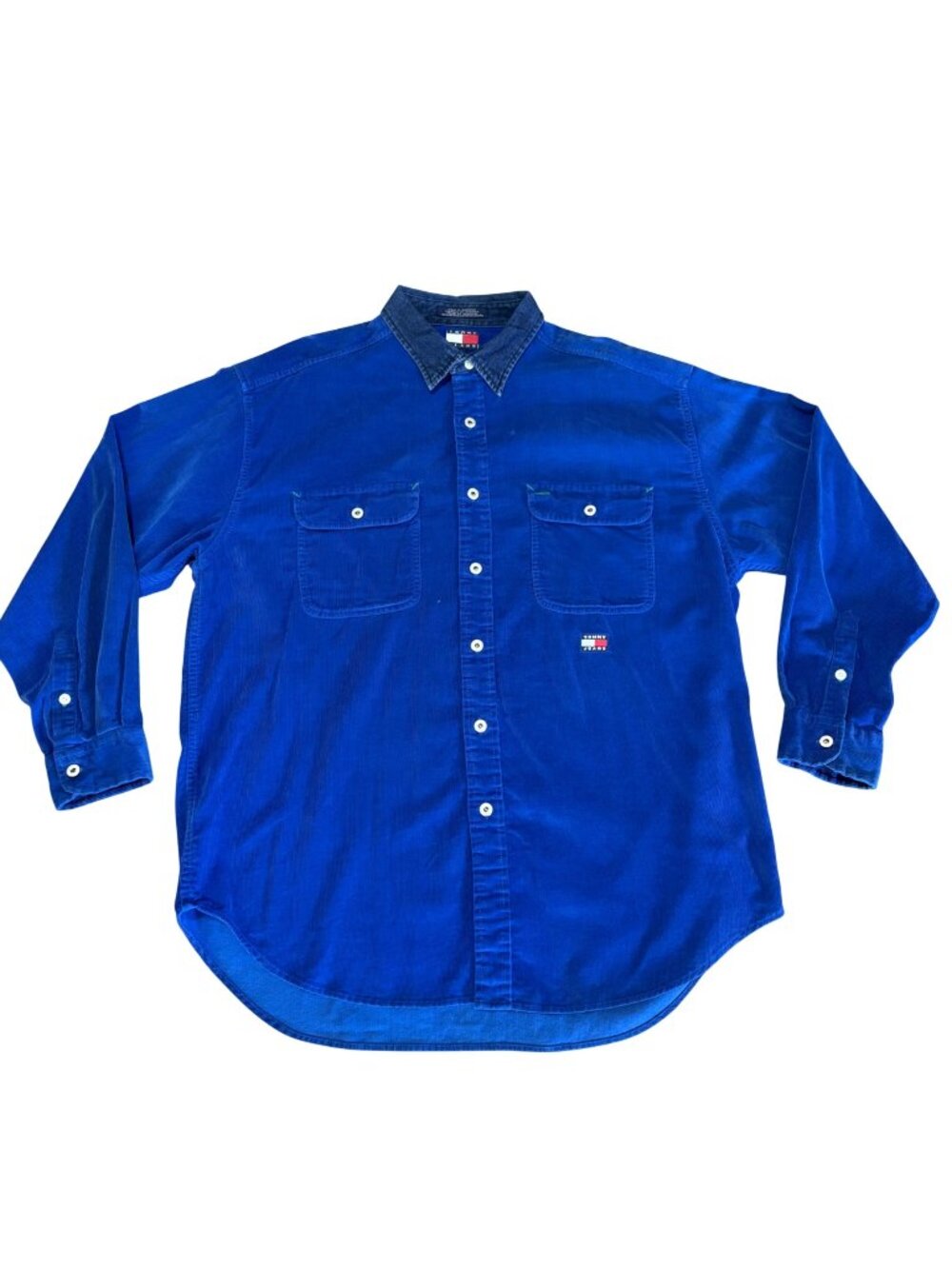 VTG Tommy Jeans Blue Corduroy Button-Up Shirt Denim Collar Mens Size L Long Slee